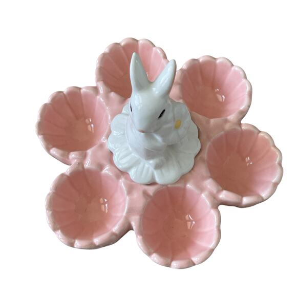 10 STRAWBERRY ST Easter Bunny Ceramic 6 Egg Holder Pink & White Spring NEW - Picture 7 of 10